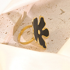 Черный 304 из нержавеющей стали эмаль палец кольца, цветок, золотые, чёрные, 45.7x44.5 мм, внутренний диаметр: регулируемый