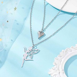 Нержавеющая Сталь Цвет Кулон из нержавеющей стали в форме феи и сердца 304 Двухслойные ожерелья из нержавеющей стали с цепочкой для женщин, не тускнеет, цвет нержавеющей стали, 16.38 дюйм (41.6 см)