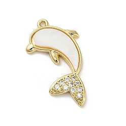 Dolphin Натуральный белый оболочки подвески, подвески из латуни и хрусталя, золотые, дельфин, 16x17.5x3 мм, отверстие : 1 мм