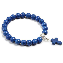 Синтетическая Бирюза Браслеты с подвесками из окрашенных синтетических бирюзовых бусин, эластичные браслеты для мужчин и женщин, крестик