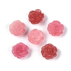 Pink Perles sculptées en jade blanc naturel teinté, fleur rose, la moitié foré, rose, 10x10x5.5~6mm, Trou: 0.9~1mm