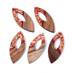Темно-Красный Подвески из непрозрачной смолы и орехового дерева, Очарование лошадиных глаз, с блестящей пудрой и золотой фольгой, темно-красный, 38x15.5x3~3.5 мм, отверстие : 2 мм