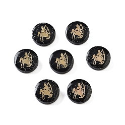 Стрелец Окрашенные в черный цвет синтетические бирюзовые бусины, с золотистыми латунными пластинами, плоский круглый с созвездиями, Стрелец, 15x4.5 мм, отверстие : 1 мм