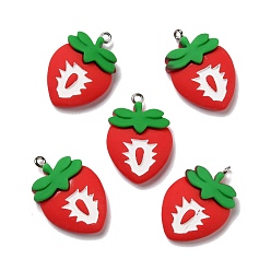 Red Opaque Resin Pendants, with Platinum Tone Iron Loops, Imitation Fruit, Strawberry, Red, 29.5x20.5x6.5mm, Hole: 2mm
