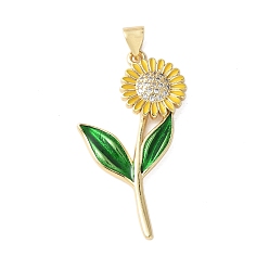 Настоящее золото 18K Латунные микро проложить кубического циркония подвески, с эмалью, прелести подсолнуха, долговечный, без кадмия и без свинца, стойки покрытие, реальный 18 k позолоченный, 36x18x4 мм, отверстие : 4x3.5 мм