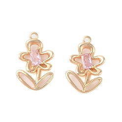 Лавандовый румянец Латунь стекло кулоны, цветочный шарм, реальный 18 k позолоченный, лавандовый румянец, 19x12x2.5 мм, отверстие : 1.2 мм