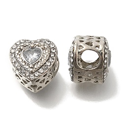Платина Стойки покрытие сплава европейские шарики, со стразами, бусины с большим отверстием, без свинца и без кадмия, сердце, платина, 11.5x11.5x10.5 мм, отверстие : 5 мм