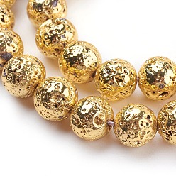 Golden Plated Electroplated Natural Lava Rock Beads Strands, Round, Bumpy, Golden Plated, 10~10.5mm, Hole: 1.5mm, about 39pcs/strand, 15.35 inch(39cm)