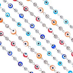 Mixed Color Handmade Evil Eye Lampwork Round Beads Chains for Necklaces Bracelets Making, with Electroplate Round Glass Beads and Iron Eye Pin, Unwelded, Mixed Color, 39.3 inch, 4 colors, 1strand/color, 4strands/box