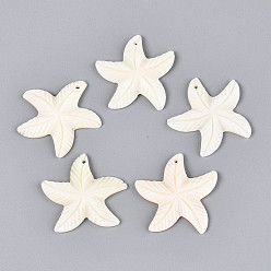 Seashell Color Natural Freshwater Shell Carved Pendants, Starfish Charms, Seashell Color, 31.5~33x32~34.5x3~4mm, Hole: 1.6mm