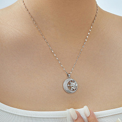 Платина Ретро латунные паве блестящие кубические цирконии луна звезда лицо кулон ожерелья, платина, 15.75 дюйм (40 см)