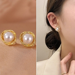 Others Alloy Imitation Pearl Stud Earrings for Women, with 925 Sterling Silver Pin, Round, 18x12mm