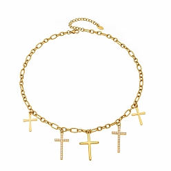 Golden 304 Stainless Steel Micro Pave Clear Cubic Zirconia Multi Religion Cross Pendant Bib Necklaces for Women, Golden, 16.14 inch(41cm)