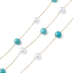 White 304 Stainless Steel Synthetic Turquoise Bead Link Chains with Glass, Unwelded, with Spool, Golden, White, 2.5x0.8x0.2mm