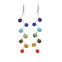 Mixed Stone Natural & Synthetic Mixed Gemstone Round Beads Dangle Earrings, Brass Long Drop Earrings, Platinum, 103x19~20mm