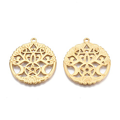 Настоящее золото 18K Ионное покрытие (ip) 201 подвески из нержавеющей стали, плоский круглый со звездой и луной, реальный 18 k позолоченный, 33.5x30x1.5 мм, отверстие : 2 мм