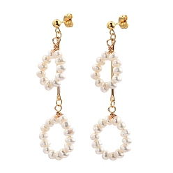 Antique White Dangle Stud Earrings, with Brass Bar Links, Natural Pearl Beads, 304 Stainless Steel Stud Earring Findings and Ear Nuts, Ring, Golden, Antique White, 66mm, Pin: 0.8mm