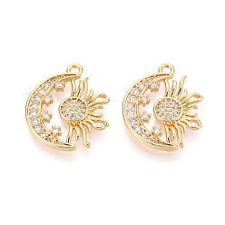 Прозрачный Кулон из циркония, луна и солнце, без никеля , реальный 18 k позолоченный, прозрачные, 23x18x3 мм, отверстие : 1.8 мм