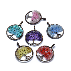 Mixed Stone Natural & Synthetic Gemstone Pendants, with Acrylic and Brass Findings, Flat Round with Tree of Life, 59x47~47.5x9.5~10mm, Hole: 4mm