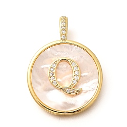 Letter Q Подвески из латуни с микропаве, прозрачные кубические цирконии с ракушкой, подвески в виде букв, долговечный, без свинца и без кадмия, Буква Q, 32x24x3.5 мм, отверстие : 6x3 мм