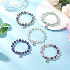 Смешанные камни 5шт. браслеты из сплава с подвесками в виде слона, Браслеты из натуральных смешанных круглых бусин из драгоценных камней для женщин, внутренний диаметр: 2-1/4 дюйм (5.7 см)