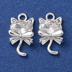 Посеребрённый Латунь с кубическим цирконием подвеской, подвески в форме кошки, прозрачные, 925 серебро покрытием, 14x8x4 мм, отверстие : 1.5 мм