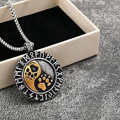Antique Silver & Antique Golden Vintage 304 Stainless Steel Viking Flat Round with Paw Print Rune Pendant Necklaces for Men, Antique Silver & Antique Golden, 23.62 inch(60cm)