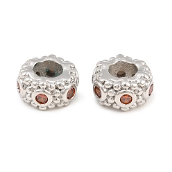 Platino Cuentas europeas de latón con micro pavé de circonitas cúbicas naranjas, plano y redondo, abalorios de grande agujero, sin plomo y cadmio, chapado en rack, larga duración plateado, Platino, 11x6 mm, agujero: 5 mm