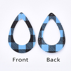Deep-Sky-blau Pu-Leder große Anhänger, mit Tartan-Muster, Träne, Deep-Sky-blau, 60x40x2 mm, Bohrung: 1.5 mm