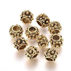 Antique Golden Cadmium Free & Nickel Free & Lead Free Alloy European Beads, Long-Lasting Plated, Large Hole Beads, Rondelle with Flower Pattern, Antique Golden, 10x7mm, Hole: 5mm