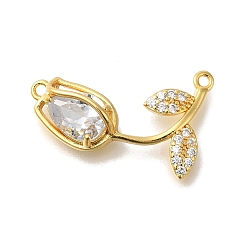 Прозрачный Подвески-коннекторы из латуни с кубическим цирконием в виде розы, без кадмия и без свинца, реальный 16 k позолоченный, прозрачные, 13.5x25x5.5 мм, отверстие : 1.2 мм