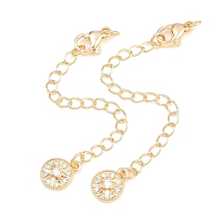 Golden Brass Curb Chain Extender, End Chains with Lobster Claw Clasps and Flat Round Cubic Zirconia Charms, Golden, 75mm, Hole: 2.4mm