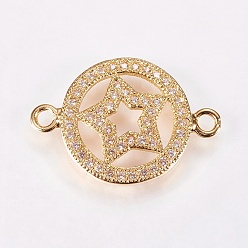 Golden Brass Micro Pave Cubic Zirconia Pentacle Links, Clear, Nickel Free & Lead Free & Cadmium Free, Flat Round with Star, Colorful, Golden, 14x20.5x2mm, Hole: 1mm