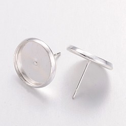 Silver Brass Earring Settings, Stud Earring Findings, Flat Round, Silver, Tray: 12mm, 12mm, Pin: 0.7mm, 20pcs/box