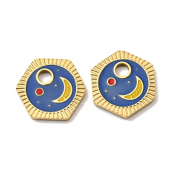 Real 14K Gold Plated 304 Stainless Steel Charms, with Enamel, Hexagon with Moon Pattern Charms, Real 14K Gold Plated, 11x10x1mm, Hole: 2mm