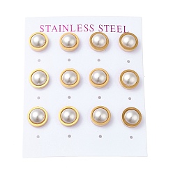 Golden PVD Vacuum Plating 304 Stainless Steel Stud Earring, with Plastic Imitation Pearl, Flat Round, Golden, 10mm, 12pcs/set