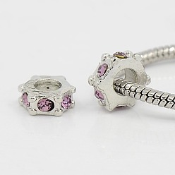 Фиолетовый Европейские бусины, сплав, стразы , бусины с большим отверстием, шестиугольник, платина, фиолетовые, 5.5x10.5 мм, отверстие : 4.5 мм