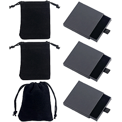 Черный 3 шт. ящики для бумаги, с черной губкой внутри, для браслетов, Серьги, хранение ожерелья, квадратный, с 3шт. бархатных мешочков, чёрные, 7.8~8x8x1.7~1.75 см