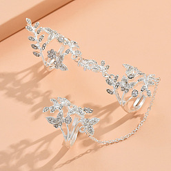 Платина Кольца для пальцев из сплава листьев и бабочек с кристаллами и стразами, платина, внутренний диаметр: 18 мм