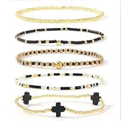  5шт. 5 стили, набор эластичных браслетов ручной работы из латуни и стеклянных бусин, украшения в виде крестиков для женщин, 6.89 дюйм (17.5 см)