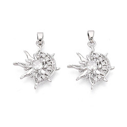 Платина Латунные микропаве прозрачные подвески с фианитом, солнце с лунными чарами, платина, 22x19x3.5 мм, отверстие : 4.5x2 мм