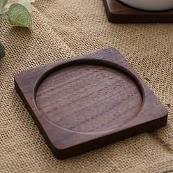 Coconut Brown Black Walnut Wood Cup Mats, Square Coaster with Round Tray, Coconut Brown, 88x88x10mm, Inner Diameter: 75mm