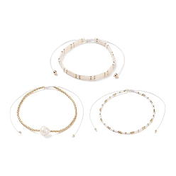 Gold 3Pcs 3 Style Natural Pearl & Glass Seed Beaded Stretch Bracelets Set for Women, Gold, Inner Diameter: 2-1/8~4 inch(5.4~10.1cm), 1Pc/style