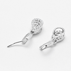 Platinum Rhodium Plated 925 Sterling Silver Pendant Bails, Ice Pick & Pinch Bails, with Cubic Zirconia, teardrop, Platinum, 8x5.5x4mm, Hole: 2x4mm and 1mm, Pin: 0.5mm