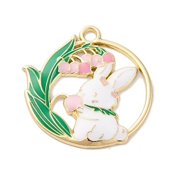 Pink Подвески из эмали и сплава, без кадмия, без никеля и без свинца, стойки покрытие, золотые, Плоская круглая подвеска с кроликом и цветком, розовые, 30x29x2.5 мм, отверстие : 2.4 мм