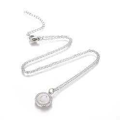 Letter C Brass Initial Pendant Necklaces, with Shell, Cubic Zirconia and 304 Stainless Steel Cable Chains, Flat Round with Letter, Letter.C, 17.5 inch(44.5cm), 1.5mm