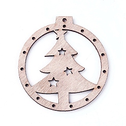 BurlyWood Undyed Wood Big Pendants, Flat Round with Christmas Tree, BurlyWood, 68.5x64x2.5mm, Hole: 2.5mm