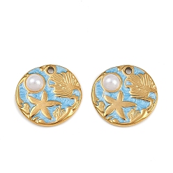 Золотой 304 нержавеющей стальной эмали подвески, плоский круг с листом и морской звездой, с пластиковой имитационной жемчужиной, золотые, 18x19x4.5 мм, отверстие : 1.6 мм