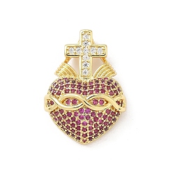 Фуксиновый Латунные микропаве прозрачные подвески с фианитом, священное сердце с крестом, без свинца и без кадмия, долговечный, стойки покрытие, реальный 18 k позолоченный, красно-фиолетовые, 27x19x8.5 мм, отверстие : 4x2.5 мм