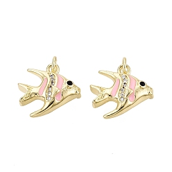 Pink Латунные микропаве прозрачные подвески с фианитом, рыбы прелести, с эмалью, золотые, розовые, 13~14x15x6 мм, отверстие : 3 мм, Перейти кольцо: 5x0.8 мм, внутренний диаметр: 3 мм